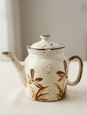 Vintage Handcrafted Speckled Stoneware Teapot Brown Botanical Floral Pottery